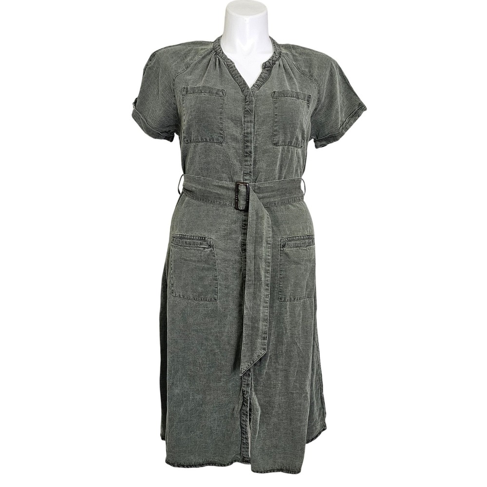 Lucky Brand Womens Large Green Tencel Utility Belted Midi Shirtdress Pockets